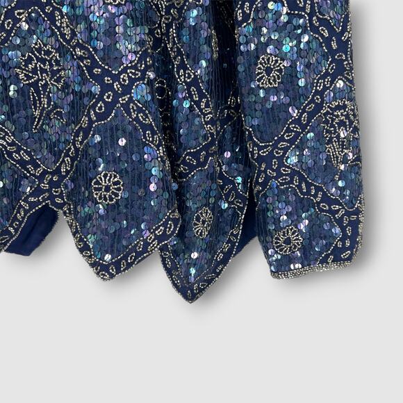 Vintage Nina Couture Sequin Silk Top Navy Blue Beaded Evening Blouse Large - Picture 3 of 6